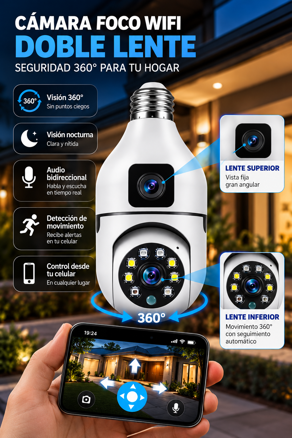 Cámara Foco WiFi 360° Doble Lente